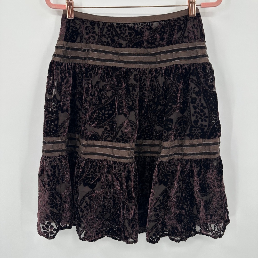 Sundance Velvet Burnout Paisley Tiered Midi‎ Skirt Women's Size 4 Brown